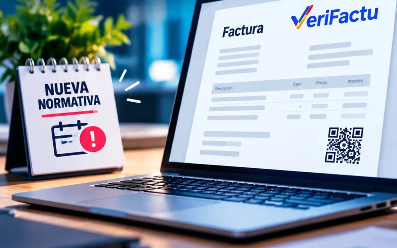 Factura con código QR VeriFactu en la pantalla de un portátil, junto a un calendario de nueva normativa