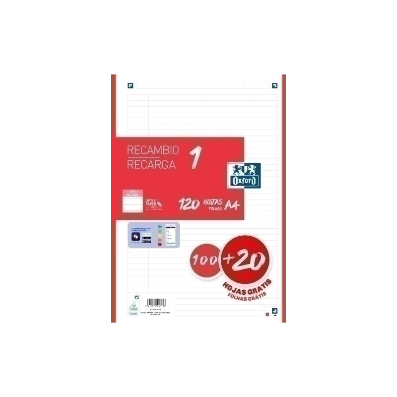 400158166-RECAMBIO OXF. A4 120h 4 TAL. HZT.ROJO precio por 1 unidades