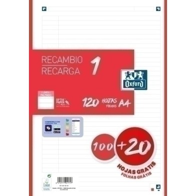 400158166-RECAMBIO OXF. A4 120h 4 TAL. HZT.ROJO precio por 1 unidades