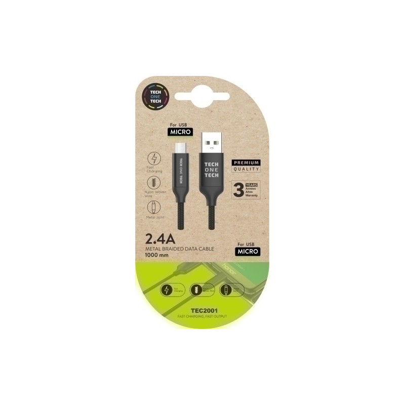 TEC2001-CABLE TECHONE USB-MICRO-USB NEGRO 1 m. precio por 1 unidades