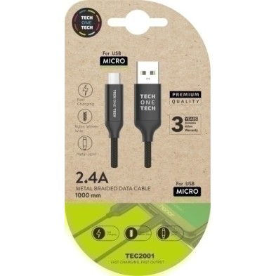TEC2001-CABLE TECHONE USB-MICRO-USB NEGRO 1 m. precio por 1 unidades