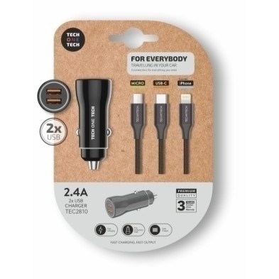 TEC2810-CARGADOR TECHONE DOBLE MECHERO NEGRO precio por 1 unidades