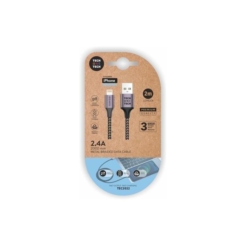 TEC2022-CABLE TECHONE USB-LIGHTNING GRIS 2 m. precio por 1 unidades