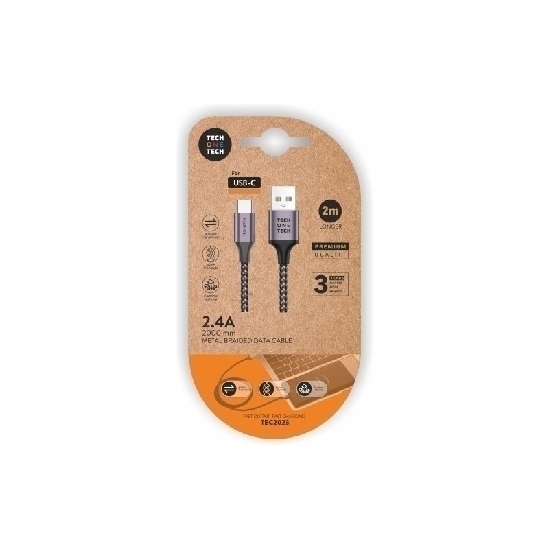TEC2023-CABLE TECHONE USB-USB-C GRIS 2 m. precio por 1 unidades