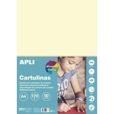 15116-CARTULINA A4 170gr. 50 UD. COL. PASTEL precio por 1 unidades